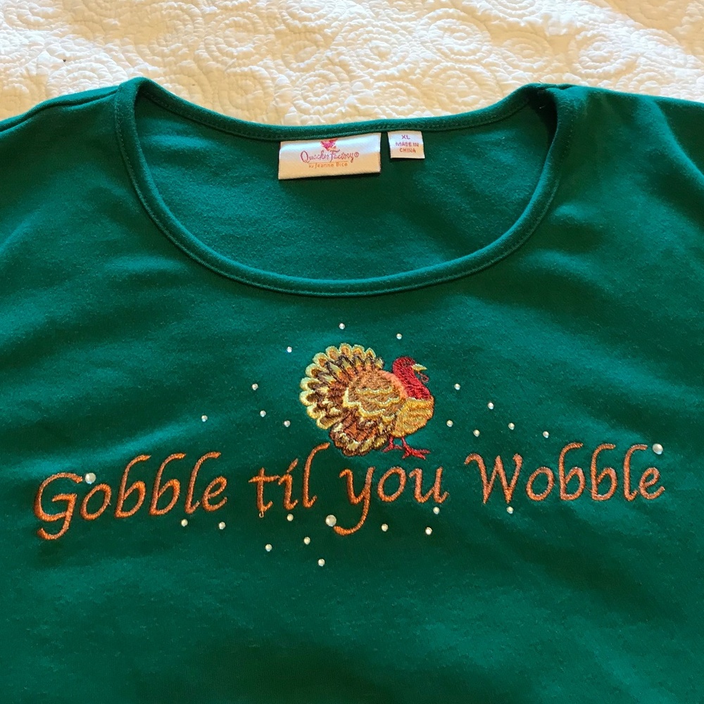 QF green short sleeve top with embroidered “Gobble til you Wobble” (XL) - Picture 7 of 14